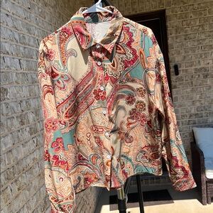 SHEIN Neutral Paisley-Print Button Shirt Size Large